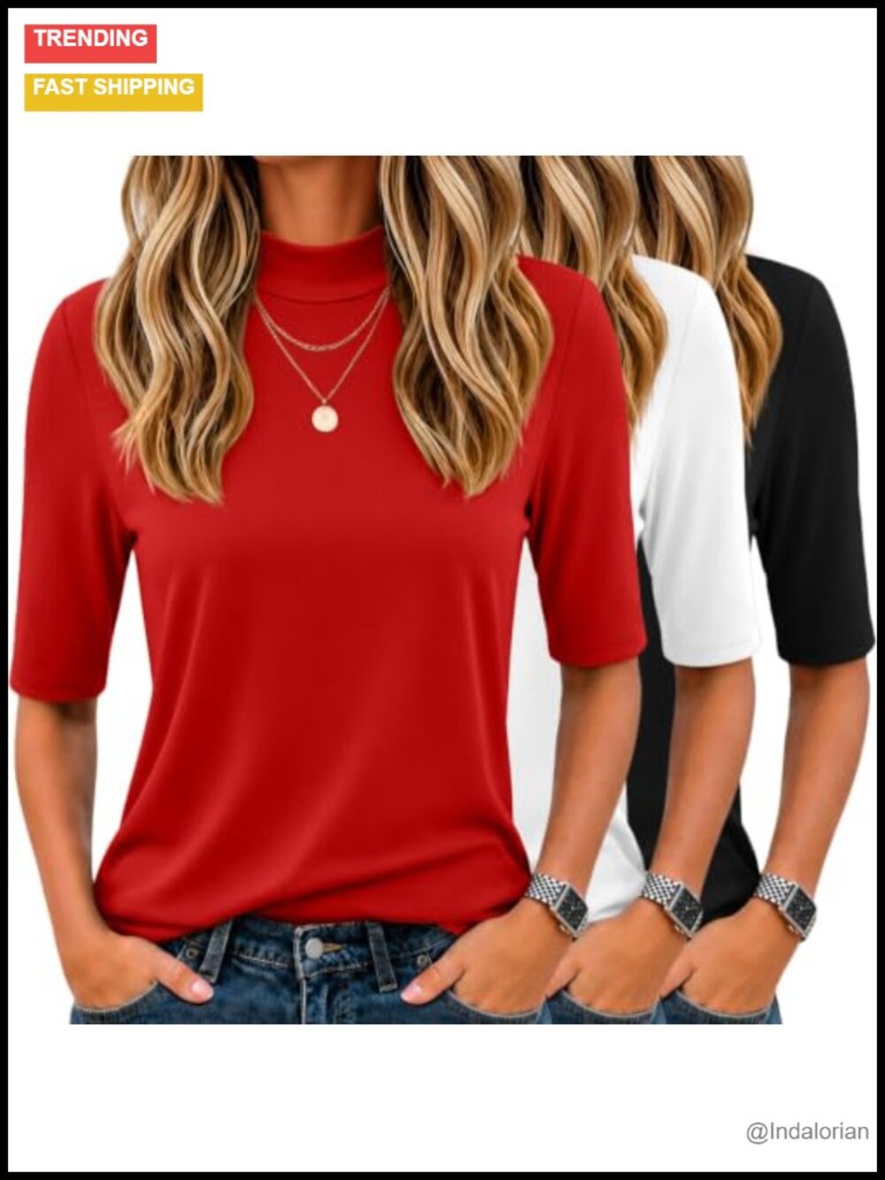3 Pack Women's Mock Neck Half Sleeve Fitted Tops Polyester Spandex Business